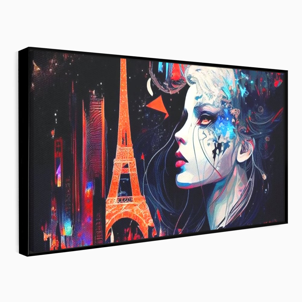 Tablou canvas cu tablou canvas cu femeie si turnul eiffel, in rama de aluminiu negru